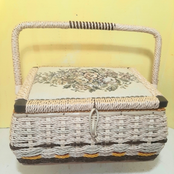 Vintage Acrylic Weave with Tapestry Sewing Basket. - Picture 1 of 8